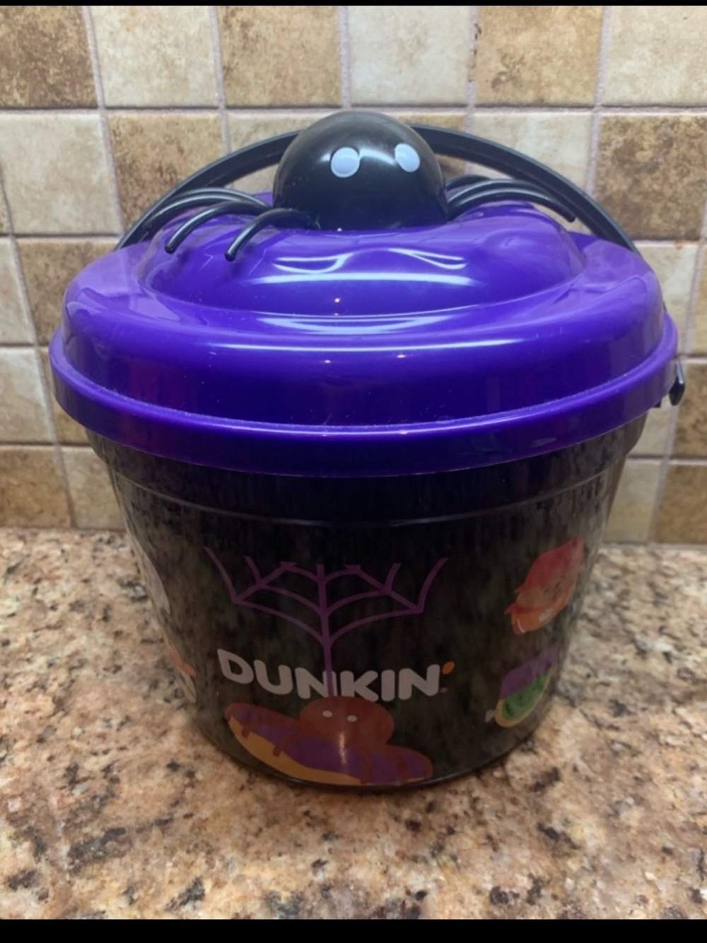 Dunkin Donuts Munchkins Halloween 2025 Collectible Black Bucket Pail-Spider Top.